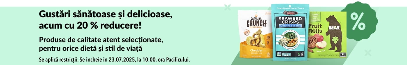 -20 % la gustări sănătoase, precum Catalina Crunch, Seaweed Crisps și Bear Fruit Rolls, create pentru toate dietele.