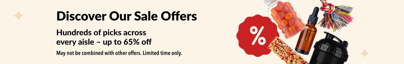 iHerb sale offers banner showing supplements, snacks, shaker bottle and pet toy with up to 65% off deals.