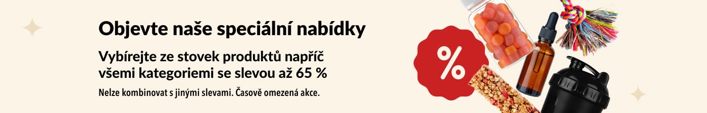 Banner iHerb pro speciální nabídky zobrazující doplňky stravy, pochutiny, šejkr a hračku pro psa se slevou až 65 %.