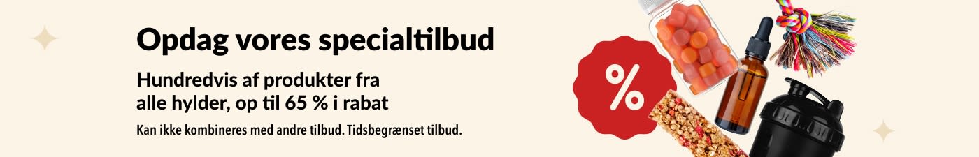 iHerb-tilbudsbanner, der viser kosttilskud, snacks, shakerflasker og legetøj til kæledyr med op til 65 % rabat.
