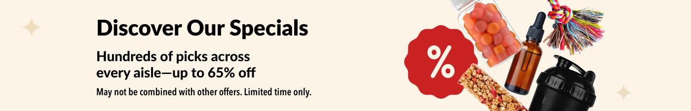 iHerb specials banner showing supplements, snacks, shaker bottle, and pet toy with up to 65% off deals.