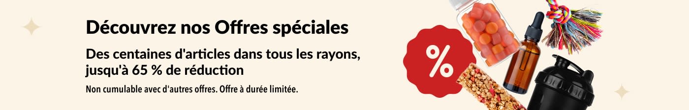 Bannière promotionnelle iHerb présentant des compléments alimentaires, des en-cas, des shakers et des jouets pour animaux de compagnie avec des réductions allant jusqu'à 65 %.