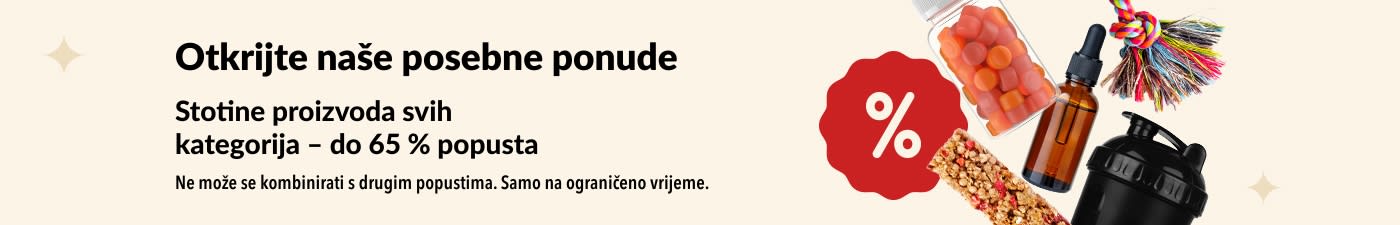 iHerb banner s posebnim ponudama koji prikazuje dodatke prehrani, grickalice, bočice za miješanje i igračke za kućne ljubimce s popustom do 65 %.