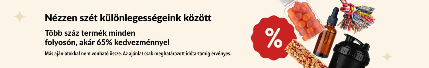iHerb különlegességeket hirdető banner, amelyen étrend-kiegészítők, snackek, rázópalackok és kisállatjátékok láthatók akár 65%-os kedvezménnyel.