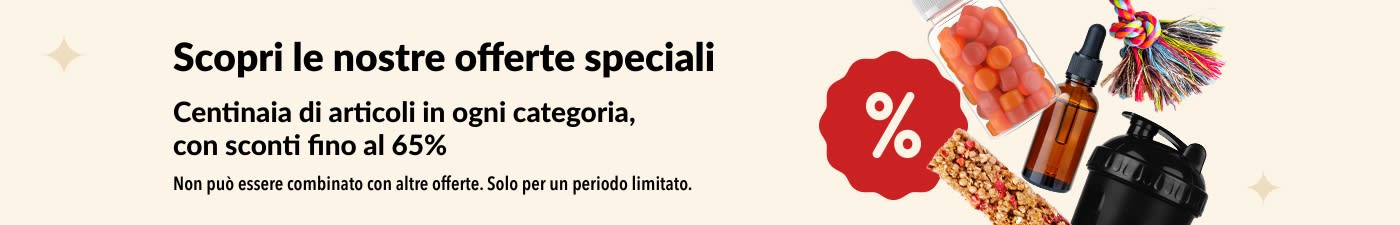 Banner delle offerte speciali iHerb che mostra integratori, snack, shaker e giocattoli per animali domestici con sconti fino al 65%.