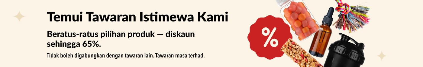 Sepanduk istimewa iHerb yang menunjukkan suplemen, makanan ringan, botol shaker dan mainan haiwan peliharaan dengan tawaran diskaun sehingga 65%.