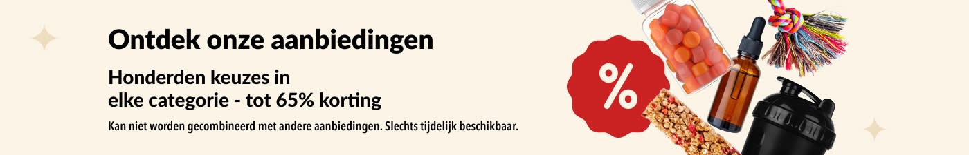 iHerb-specialsbanner met supplementen, snacks, shakerfles en huisdierenspeeltjes met kortingen tot wel 65%.