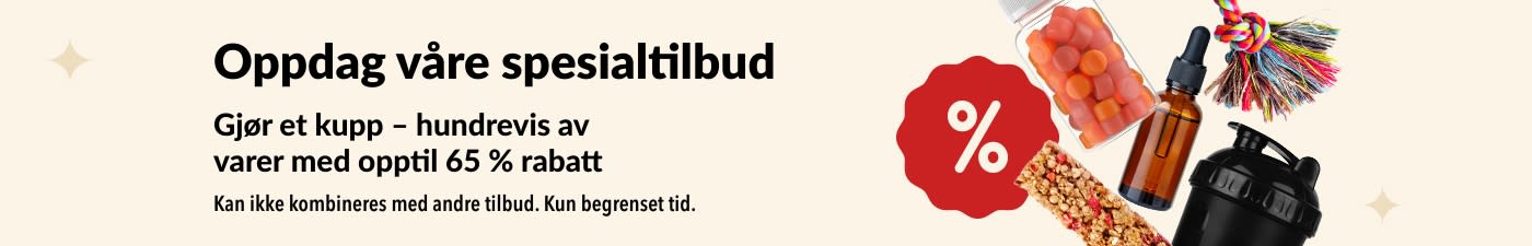 Banner for iHerb-spesialtilbud som viser kosttilskudd, snacks, shakerflaske og leketøy til kjæledyr med opptil 65 % rabatt.