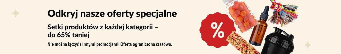 Baner iHerb z suplementami, przekąskami, shakerem i zabawką dla zwierząt – zniżki do 65%.
