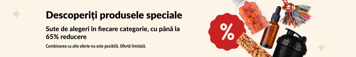 Banner cu produse speciale iHerb cu suplimente, gustări, shakere și jucării pentru animale cu până la 65% reducere.