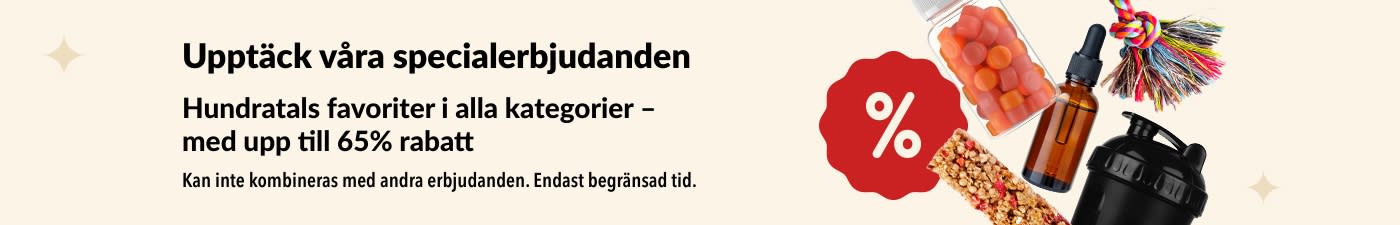 iHerb-Specialerbjudandenbanner som visar kosttillskott, snacks, shakerflaska och hundleksak med upp till 65% rabatt.