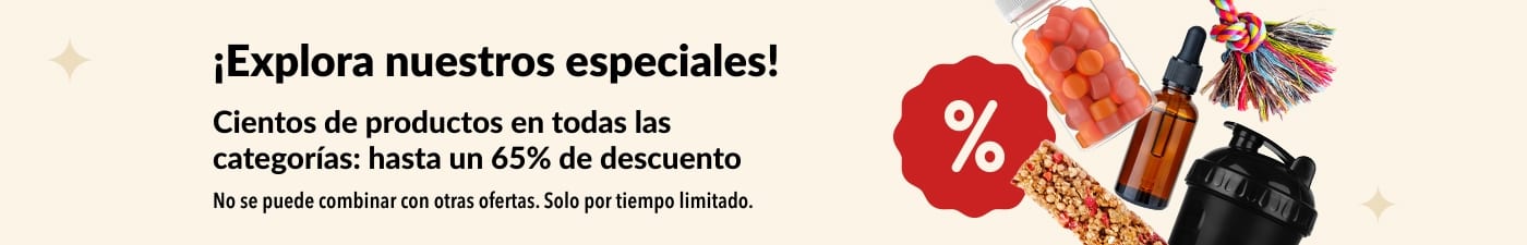 Banner de ofertas de iHerb con suplementos, snacks, botella mezcladora y juguete para mascotas con descuentos de hasta un 65%.