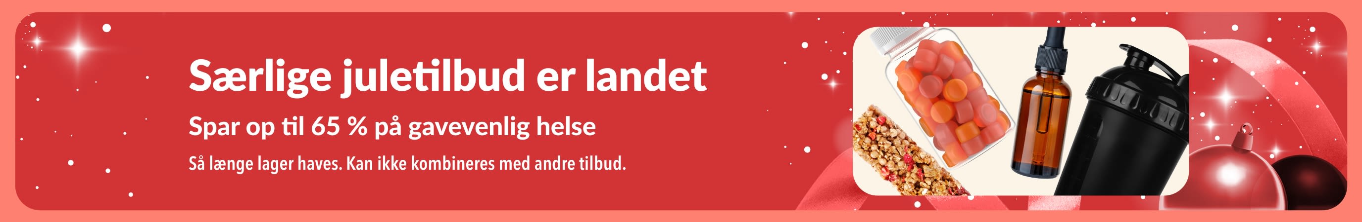 iHerb særlige juletilbud-banner, der promoverer op til 65 % rabat på gavevenlig helse.
