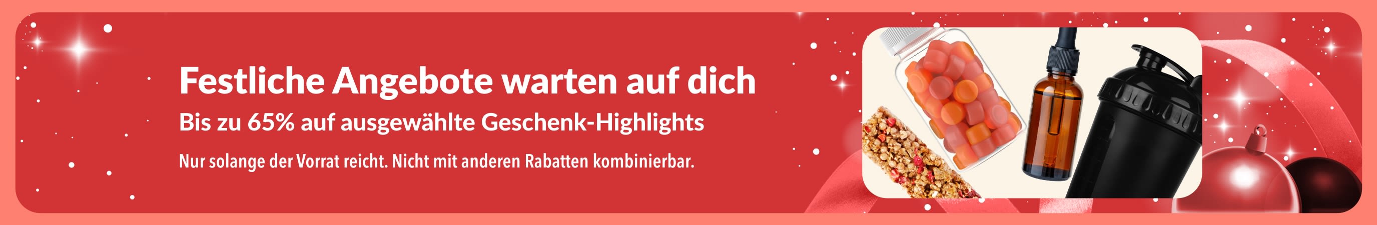 Banner für die iHerb-Weihnachtsangebote mit bis zu 65% Rabatt auf Gesundheitsartikel zum Verschenken