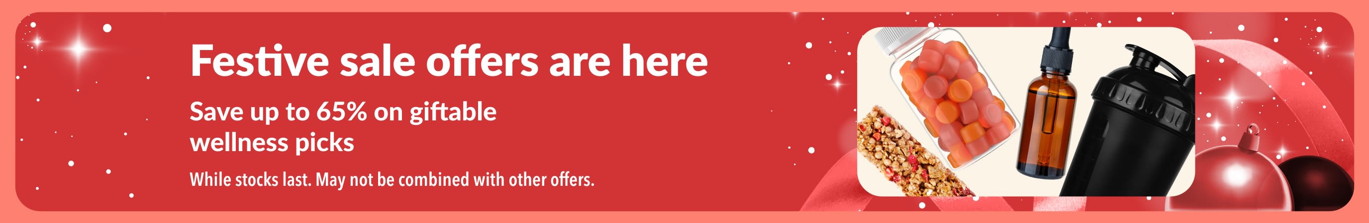 iHerb festive sale offers banner promoting up to 65% off giftable wellness items.