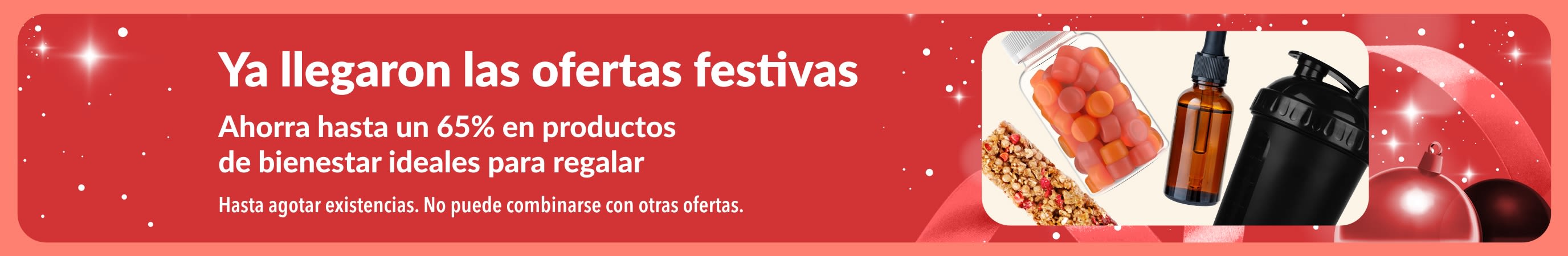 Banner de ofertas festivas de iHerb que promociona hasta un 65% de descuento en productos de bienestar ideales para regalar.