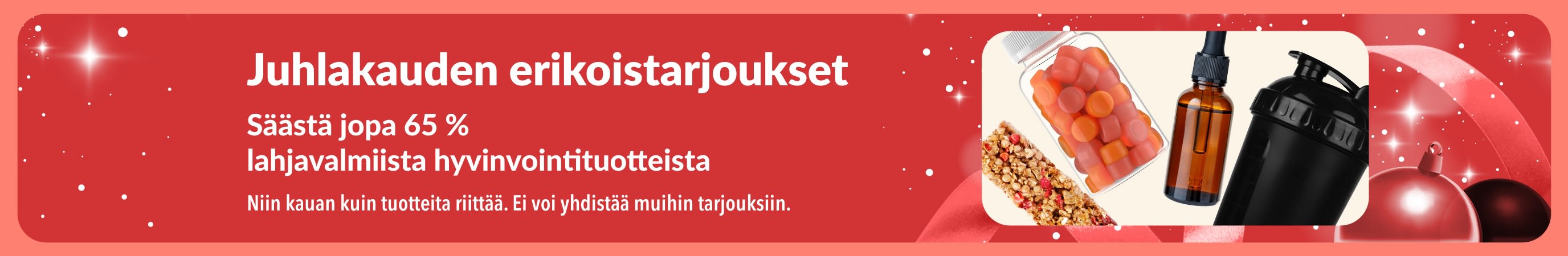 iHerbin ​Juhlakauden erikoistarjoukset -banneri, joka mainostaa jopa 65 % alennuksia lahjavalmiista hyvinvointituotteista.