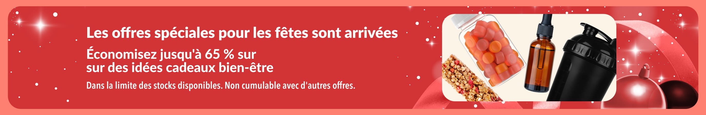 Bannière promotionnelle offres spéciales iHerb pour les fêtes offrant jusqu'à 65 % de réduction sur des articles de bien-être qui font de superbes cadeaux.