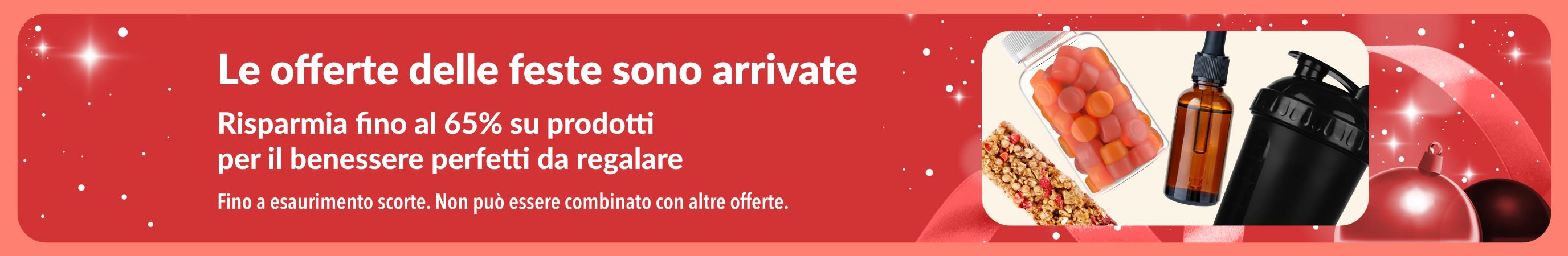 Banner delle offerte delle feste iHerb con sconti fino al 65% su prodotti per il benessere perfetti da regalare.