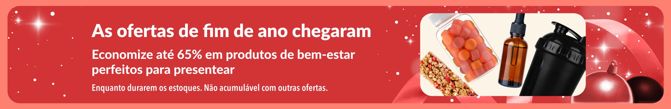 Banner de ofertas de fim de ano da iHerb com até 65% OFF em produtos de bem-estar perfeitos para presentear.