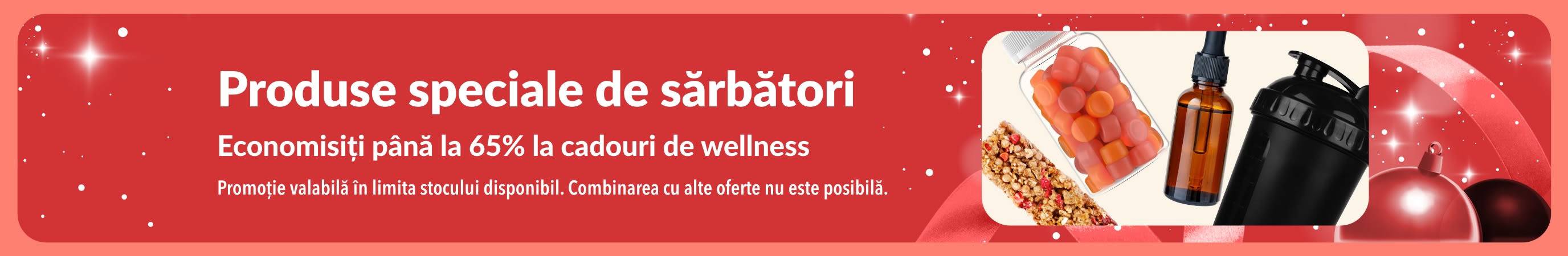 Banner iHerb cu oferte speciale de sărbători, cu cadouri de wellness cu până la 65% reducere.