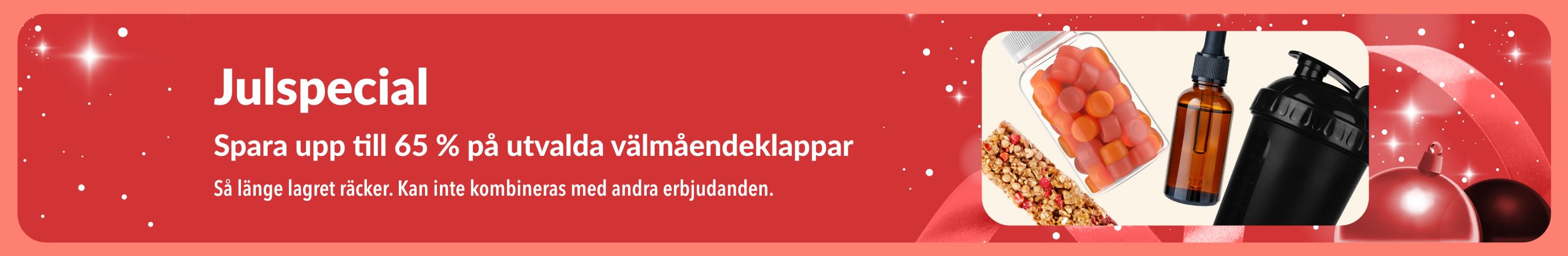 iHerb Julspecial-banner som marknadsför upp till 65 % rabatt på utvalda välmåendeklappar.
