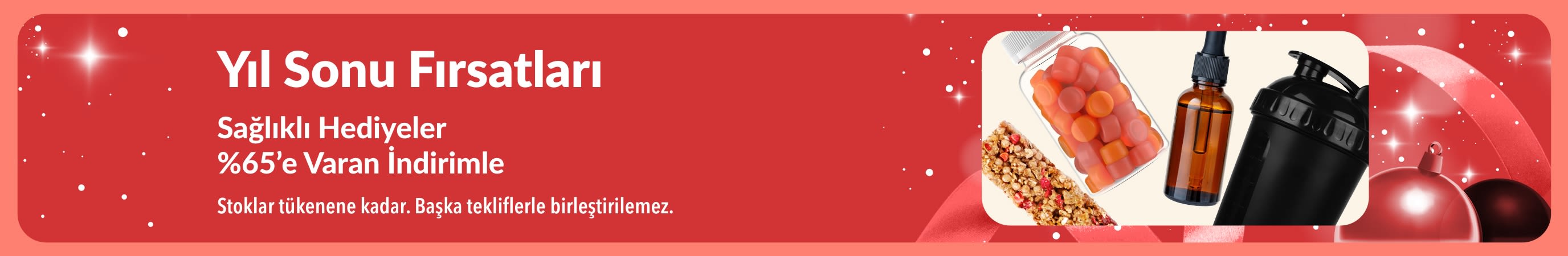 iHerb Yıl Sonu Özel Fırsatları afişi: Sağlıklı Hediyelerde %65’e varan indirim.