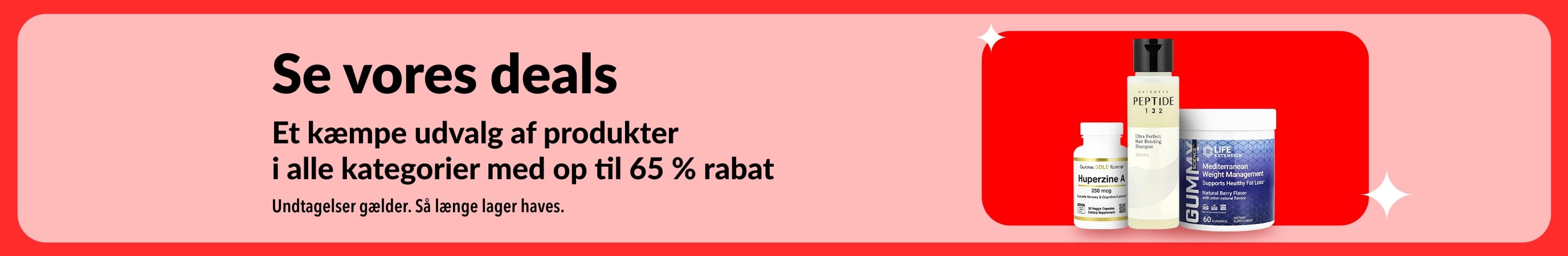 iHerb se vores deals-banner med op til 65 % rabat på tværs af kategorier, inklusive kosttilskud og helseprodukter.