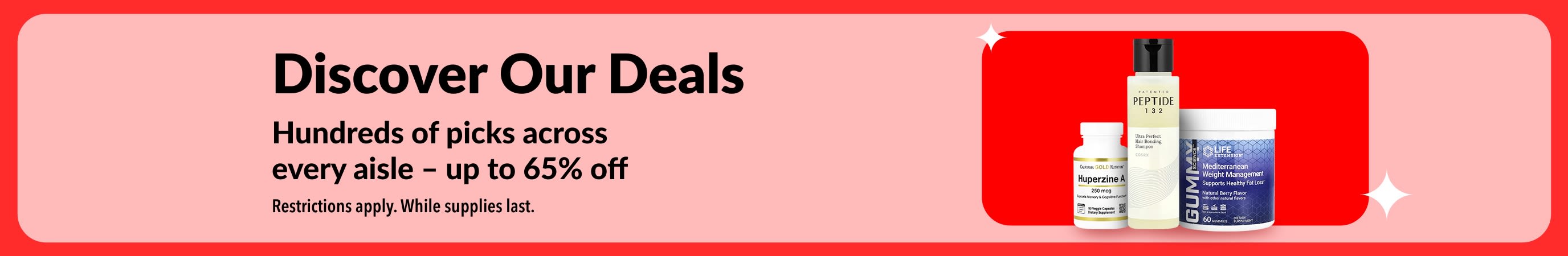 iHerb Discover Our Deals banner promoting up to 65% off across categories, featuring supplement and wellness products.