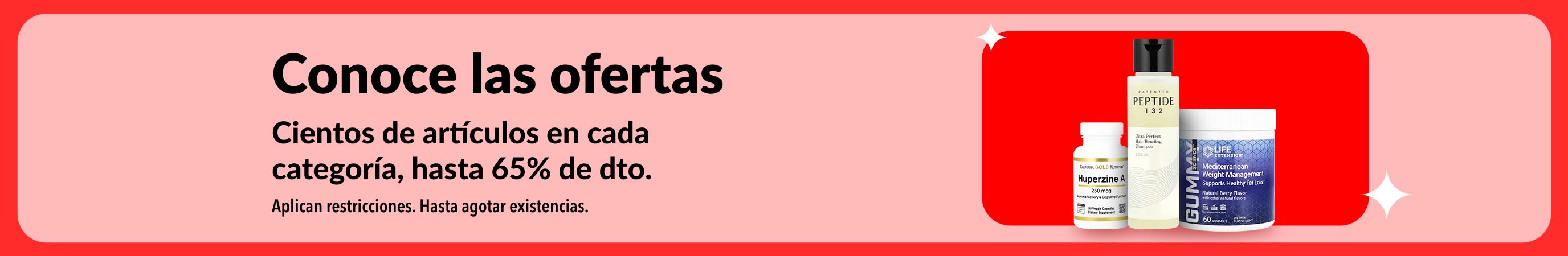 Banner de iHerb Conoce las ofertas, hasta 65% de descuento en cada categoría, muestra suplementos y productos de bienestar.