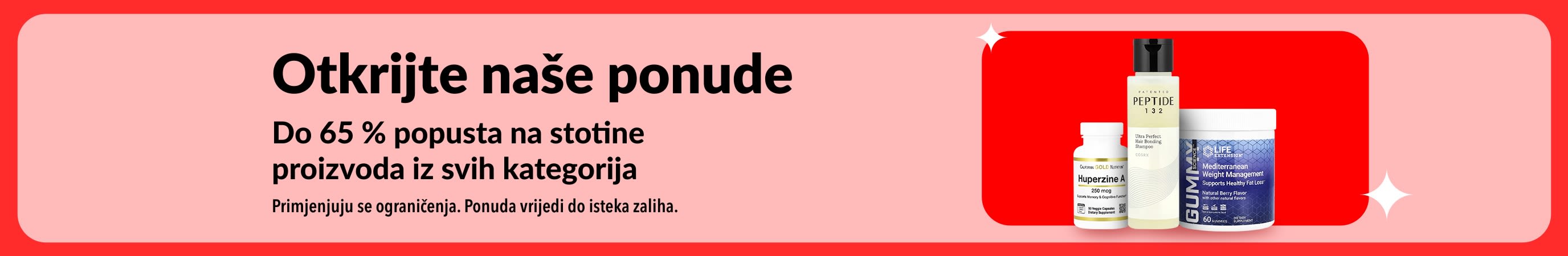 „iHerb reklamni natpis „Otkrijte naše ponude“ s promocijom do 65 % popusta u svim kategorijama, uključujući dodatke prehrani i wellness proizvode.