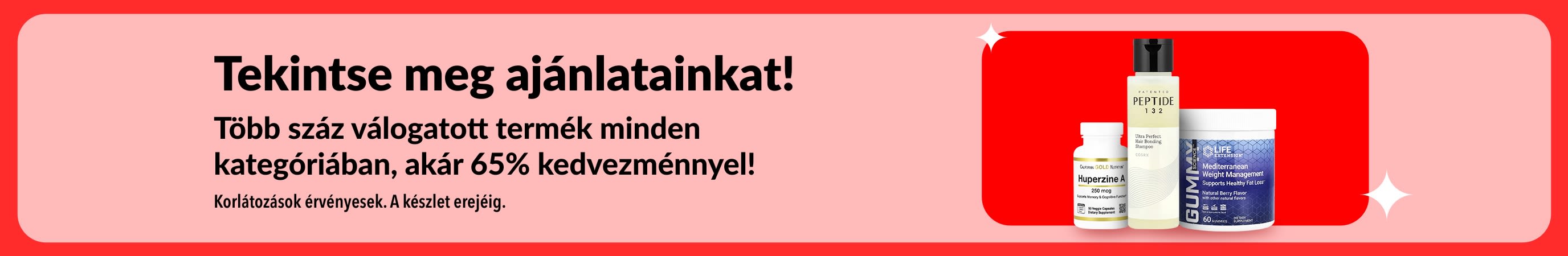 iHerb akciós ajánlatok banner, amely akár 65%-os kedvezményt kínál minden kategóriában, étrend-kiegészítőket és wellness termékeket ábrázolva.