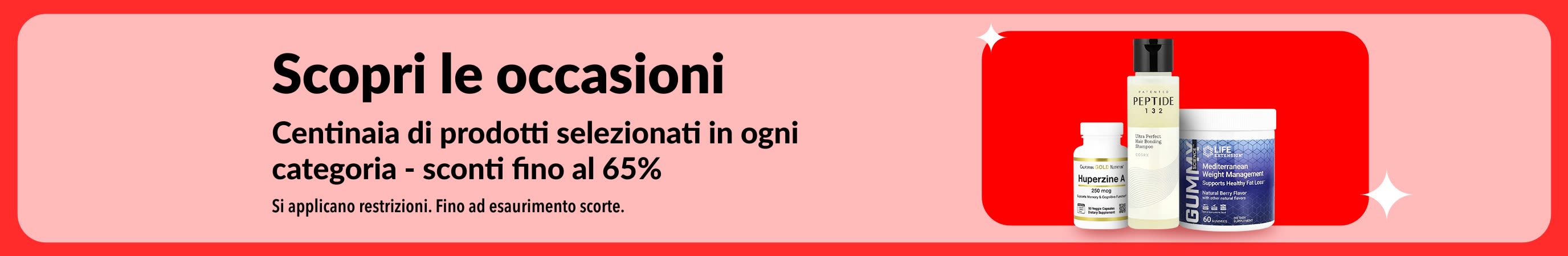 Banner promozionale iHerb 'Scopri le nostre offerte' con sconti fino al 65% su varie categorie; l'immagine mostra una selezione di integratori e prodotti per il benessere.