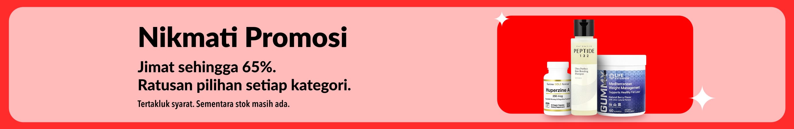 Sepanduk Nikmati Promosi iHerb dengan diskaun sehingga 65% bagi semua kategori, paparan produk suplemen dan kesejahteraan. 