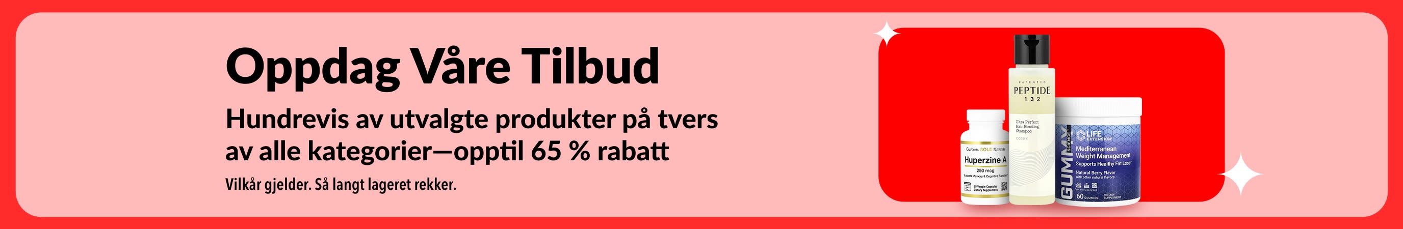 iHerb «Oppdag våre tilbud»-banner som promoterer opptil 65 % rabatt på tvers av kategorier, med kosttilskudd og velværeprodukter.