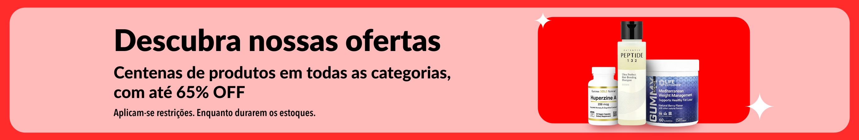 Banner “Descubra nossas ofertas” da iHerb promovendo até 65% OFF em diversas categorias, com destaque para suplementos e produtos de bem-estar.