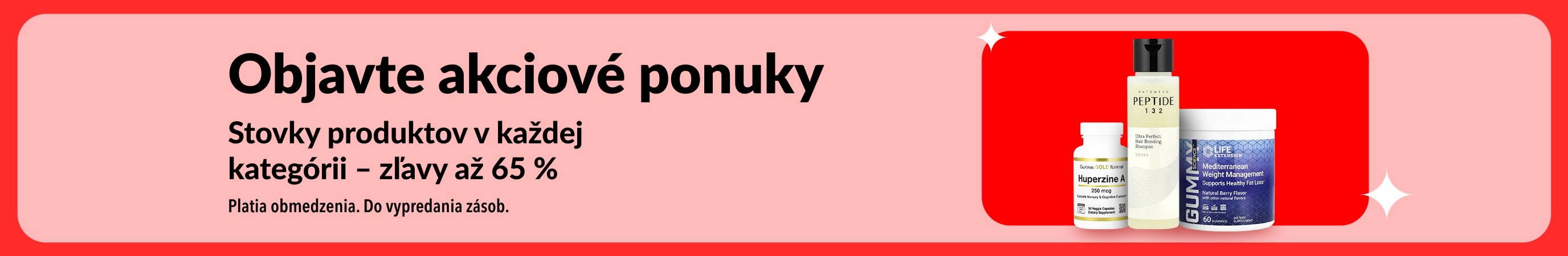iHerb baner Objavte akciové ponuky so zľavou až 65 % naprieč kategóriami zobrazujúci výživové doplnky