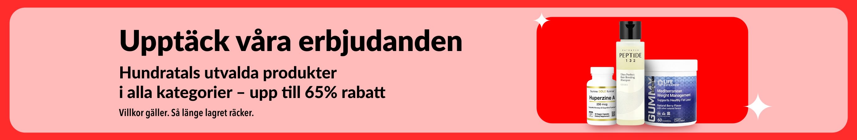 iHerb-banner med rubriken ”Upptäck våra erbjudanden” som marknadsför upp till 65% rabatt i alla kategorier, med fokus på kosttillskott och hälsoprodukter.