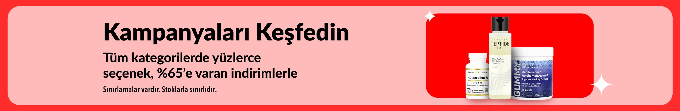 Takviye ve zindelik ürünlerinin yer aldığı, kategoriler genelinde %65’e varan indirimleri öne çıkaran iHerb “Kampanyaları Keşfedin” banner’ı.
