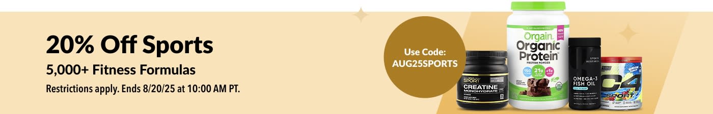 Shop sports nutrition like Orgain, Sports Research, Cellucor, California Gold Nutrition, and more—20% off with code AUG25SPORTS.