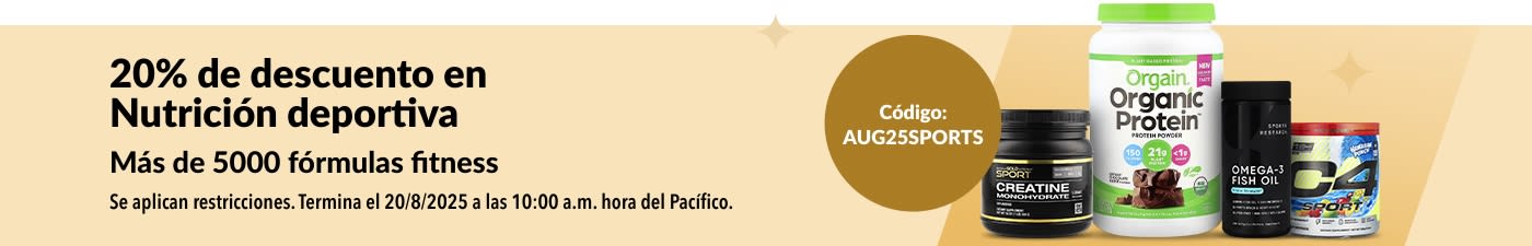 Marcas como Orgain, Sports Research, Cellucor, California Gold Nutrition y más. 20% de descuento con el código: AUG25SPORTS.