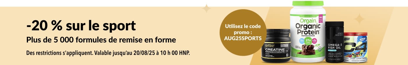 Achetez des produits de nutrition sportive tels que Orgain, Sports Research, Cellucor, California Gold Nutrition et bien d'autres encore. 20 % de réduction avec le code AUG25SPORTS.