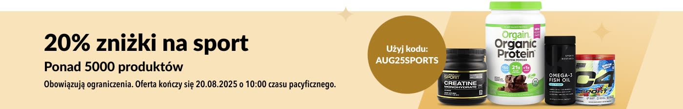 Kup odżywki sportowe marek Orgain, Sports Research, Cellucor, California Gold Nutrition i innych — 20% zniżki z kodem AUG25SPORTS.