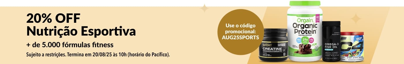 Compre nutrição esportiva como Orgain, Sports Research, Cellucor, California Gold Nutrition e mais — 20% de desconto com o código AUG25SPORTS.