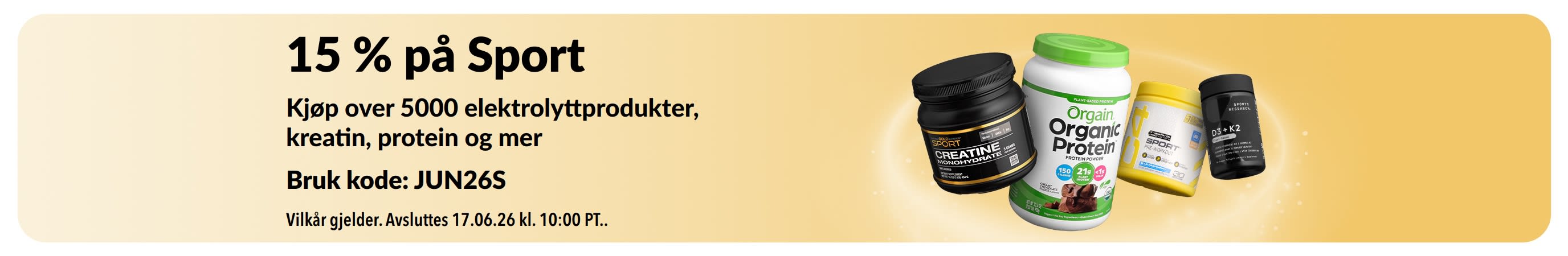 Kampanjebanner som tilbyr 15% rabatt på sportsernæringsprodukter, med protein, kreatin og pre-workout-tilskudd.