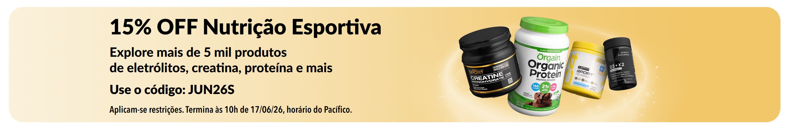 Banner promocional de nutrição esportiva com 15% OFF, destacando proteína, creatina e suplementos pré-treino.