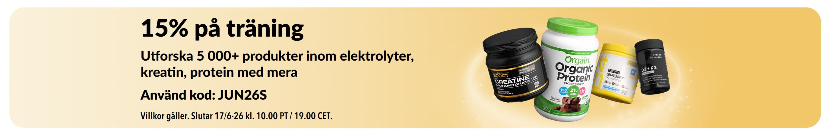 Marknadsföringsbanner som erbjuder 15% på sportnäring, med protein-, kreatin- och pre-workout-tillskott.