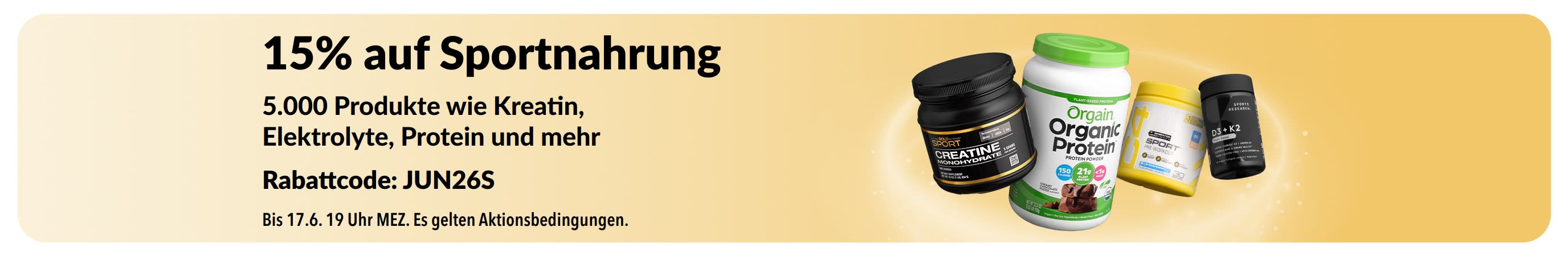 Werbe-Banner mit 15 % Rabatt auf Sportnahrung, wie Proteine, Kreatin und Pre-Workout-Präparate.