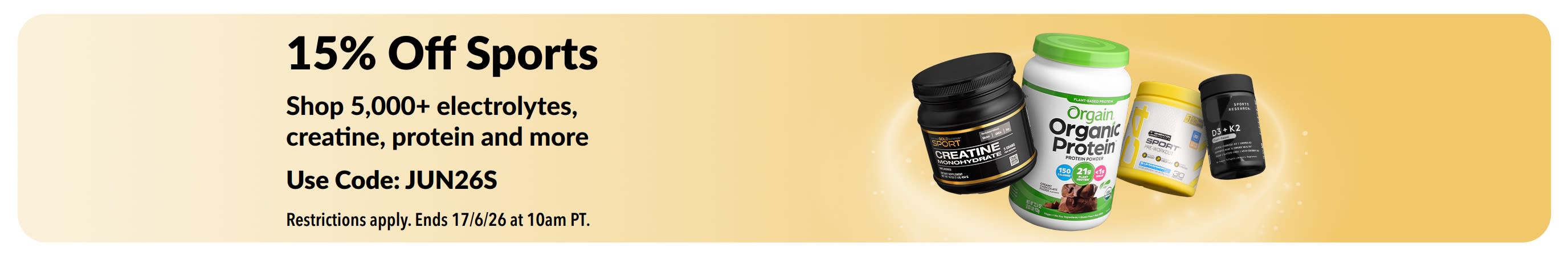 Promotional banner offering 15% off sports nutrition products, featuring protein, creatine and pre-workout supplements.