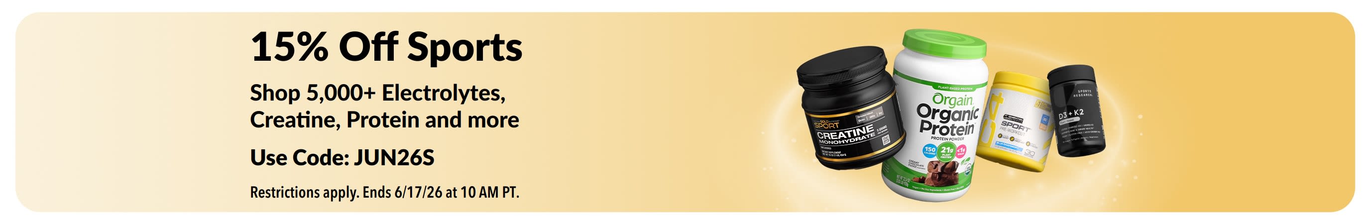 Promotional banner offering 15% off sports nutrition products, featuring protein, creatine, and pre-workout supplements.
